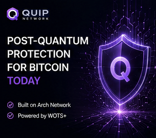 A purple shield with a white "Q" on it, accompanied by the text "Post-Quantum Protection for Bitcoin Today", and a purple lightning bolt symbolizing the power of blockchain technology.