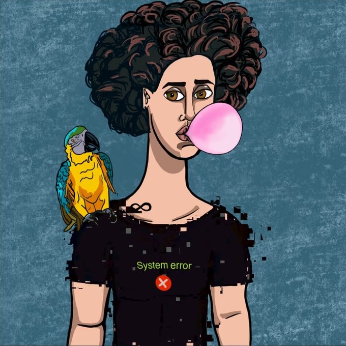 A digital illustration of a person with a large afro blowing a pink bubblegum bubble, wearing a black t-shirt that displays a 'System error' message with a red X icon, and a colorful parrot perched on their shoulder.