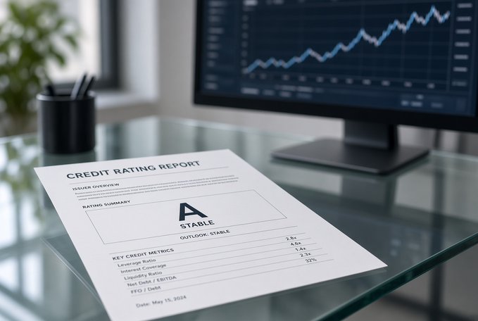 A printed "CREDIT RATING REPORT" dated May 15, 2024 sits on a glass desk in front of a monitor displaying an upward-trending stock chart, with a rating of "A STABLE" prominently shown.