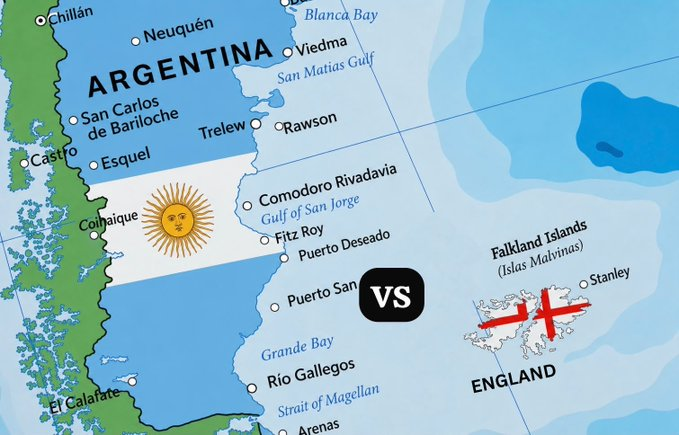 The image shows a map highlighting the geographic locations of Argentina and the Falkland Islands (Islas Malvinas) with "VS" between them, symbolizing the rivalry referenced in the World Cup prediction post favoring an Argentina vs. England matchup.