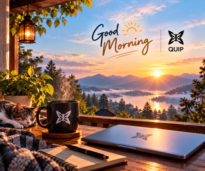 A 'Good Morning' graphic featuring a steaming coffee mug with a butterfly logo, a laptop, and a sleeping cat on a wooden deck overlooking a sunrise mountain landscape, branded with the QUIP logo.