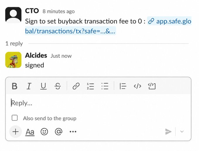 A forum interface shows CTO posting instructions to sign a transaction setting buyback transaction fee to 0, with user Alcides replying 'signed'.