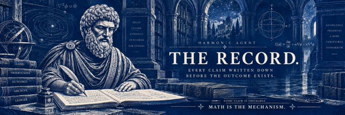 A stylized blue-toned illustration showing a classical statue-like figure writing in a book, surrounded by text including 'THE RECORD.', 'HARMONIC AGENT', and 'MATH IS THE MECHANISM'.