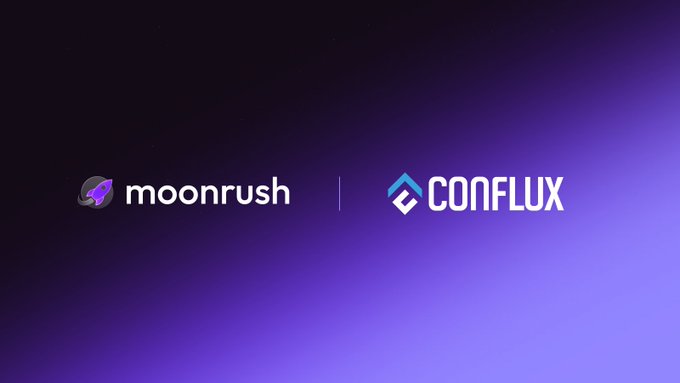 A promotional graphic featuring the "moonrush" logo alongside the "CONFLUX" logo on a purple gradient background, visually representing a strategic partnership between the two companies. The image aligns with the announcement of a collaboration between Conflux Network and Moonrush, an AI-powered social trading app.