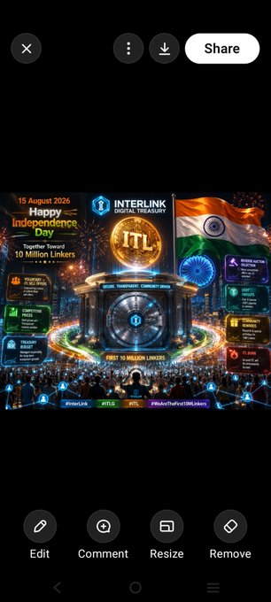 A mobile app screen displaying a promotional image for 'INTERLINK DIGITAL TREASURY' (ITL) celebrating 'Happy Independence Day' on '15 August 2026', showing a digital vault, fireworks, and an Indian flag with various feature highlights.