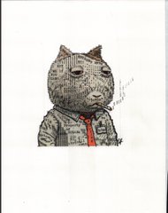 Hand-drawn illustration of a small cat-like character wearing a shirt and red tie, rendered in sketch style with crosshatching.