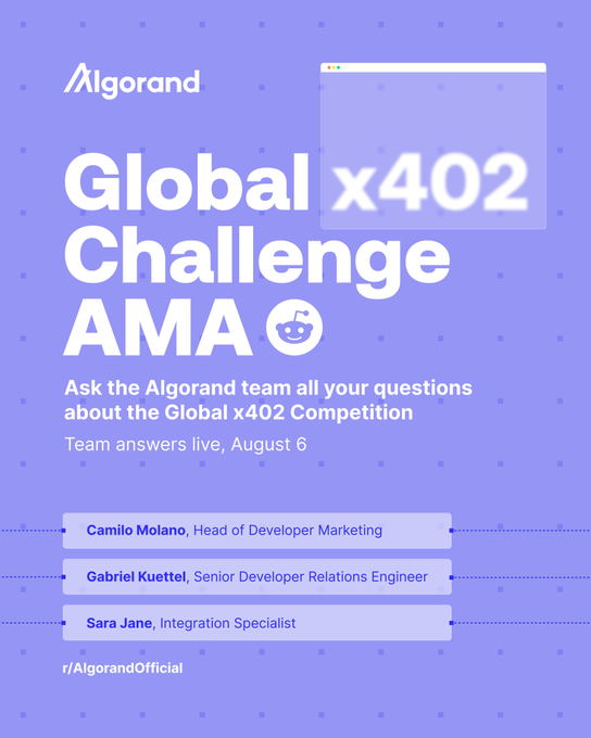 A purple promotional graphic for 'Algorand Global Challenge AMA x402' invites questions for Camilo Molano, Gabriel Kuettel, and Sara Jane.