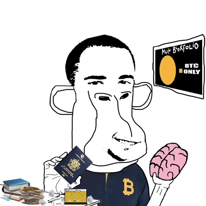 A crude cartoon drawing of a monkey-like character holding a passport and a pink brain, with books and gold bars nearby, a Bitcoin logo on its shirt, and a poster reading 'Muh Bakfolio - BTC Only'.
