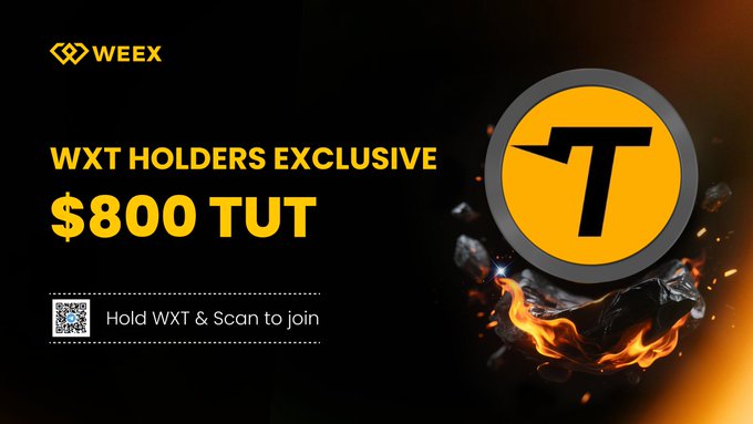 A promotional banner from WEEX announcing a WXT holders exclusive offer for $800 TUT, featuring the TUT logo and a QR code with instructions to 'Hold WXT & Scan to join'.