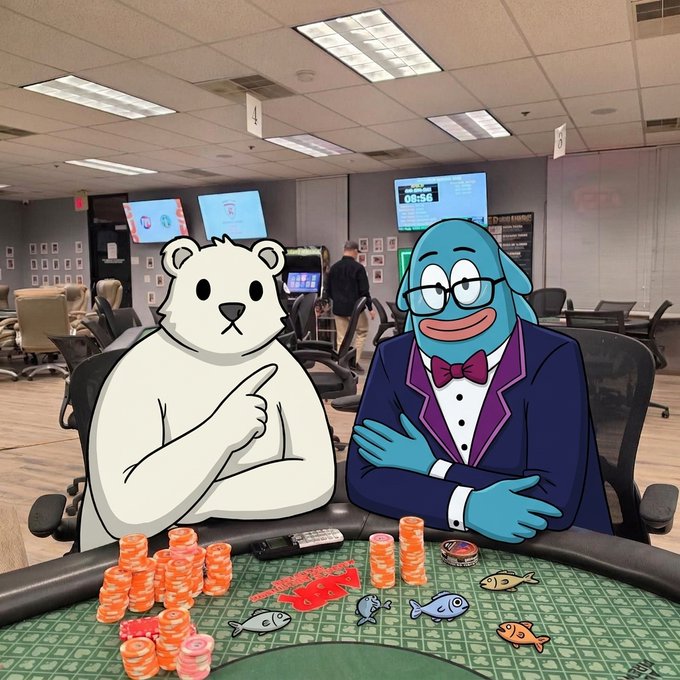 A polar bear and a blue, tuxedoed fish character sit at a casino poker table, with stacks of chips and fish-themed cards in front of them. The post says the user was accepted into “$FERDY” and asks “wen @ferdybet Poker,” suggesting the image is a playful representation of retiring or celebrating their bloodline before joining FERDY’s poker event.