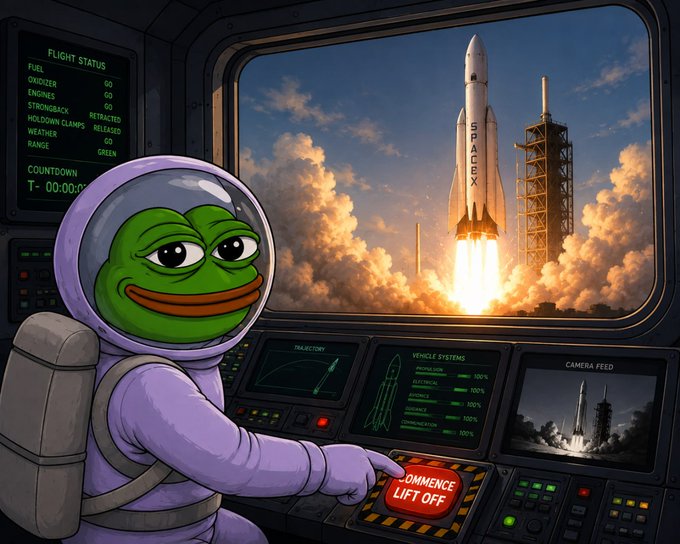 A cartoon illustration of a Pepe the Frog character wearing a purple spacesuit, sitting at a control panel about to press a red 'COMMENCE LIFT OFF' button. Through the window, a SpaceX rocket launches from a pad surrounded by billowing smoke and clouds.