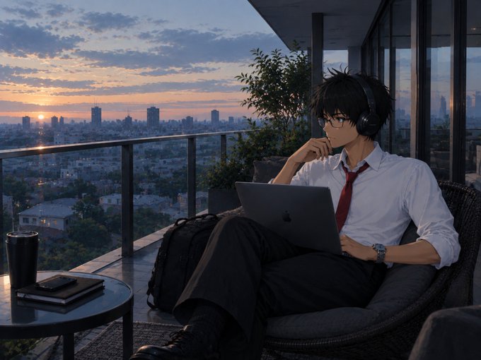 An anime-style illustration of a young man in a white shirt and red tie working on a MacBook while wearing headphones on a balcony overlooking a city at sunset.