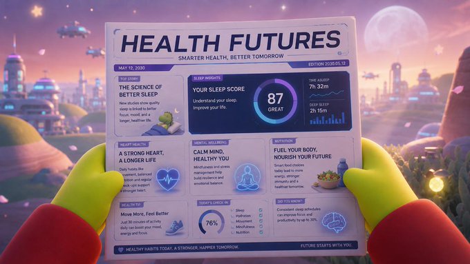 A futuristic 'HEALTH FUTURES' newspaper dated May 12, 2030 displaying health articles like 'The Science of Better Sleep' and 'A Strong Heart, A Longer Life,' with a sleep score of 87, held by gloved hands against a sci-fi cityscape.
