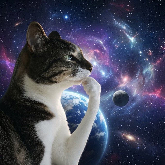 A tabby and white cat poses in a thinking gesture against a vibrant cosmic backdrop featuring stars, nebulas, a distant galaxy, and planets resembling Earth and the Moon.