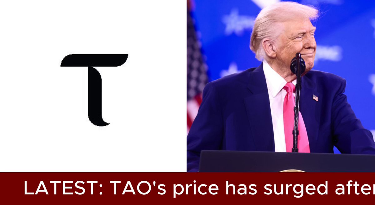 The image features a man dressed in a suit and tie, speaking into a microphone while standing behind a podium with an American flag in the background. The text on the image reads "Tao's price has surge after frightening Anthropic news... Following the US Gov't's orders against Anthropic, @opentensor 's native token has absolutely charged. At time of writing, $TAO is up +25% on the week and more than +13% on the day".