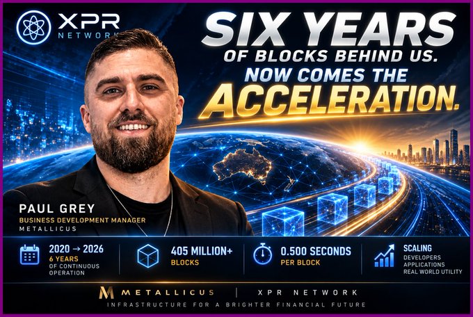 A promotional graphic for XPR Network/Metallicus featuring Paul Grey, Business Development Manager, celebrating 'SIX YEARS' with stats including 405 million+ blocks and 0.500 seconds per block.