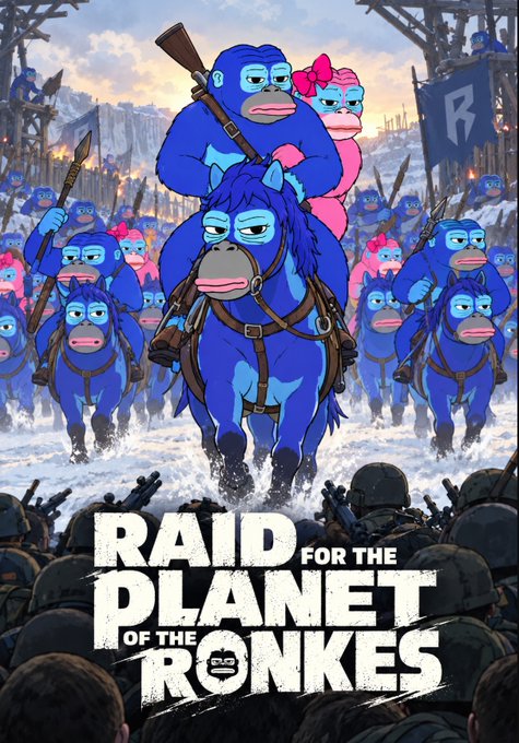 A parody movie poster titled 'RAID FOR THE PLANET OF THE RONKES' depicting an army of blue monkey characters on horseback charging against soldiers, styled like a war film.