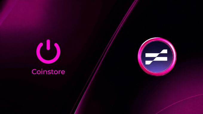 A dark pink/magenta graphic showing two logos: the Coinstore logo with a power icon on the left and the Stargate (STG) token logo on the right.