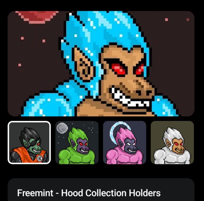 A digital collectible NFT interface featuring a pixel art monkey character in a blue hood with red eyes, displayed above smaller character thumbnails and labeled 'Freemint - Hood Collection Holders'.