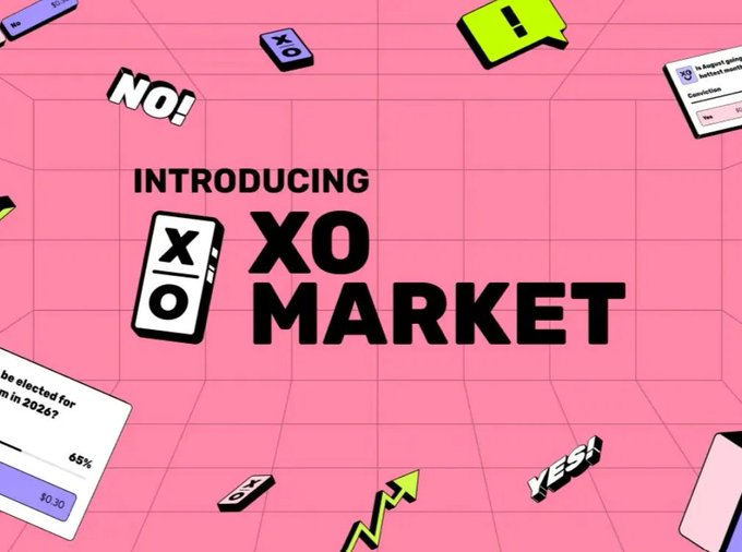 A promotional graphic announces 'INTRODUCING XO MARKET' on a pink background with floating 3D graphics of phones, speech bubbles, and charts.