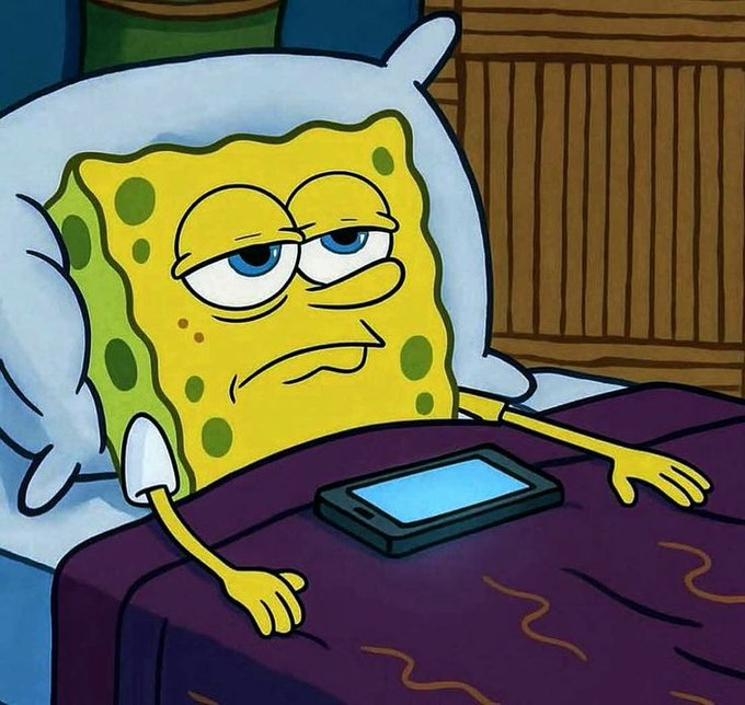 A cartoon image of SpongeBob SquarePants lying in bed with a tired, half-asleep expression, his phone resting on the blanket beside him.