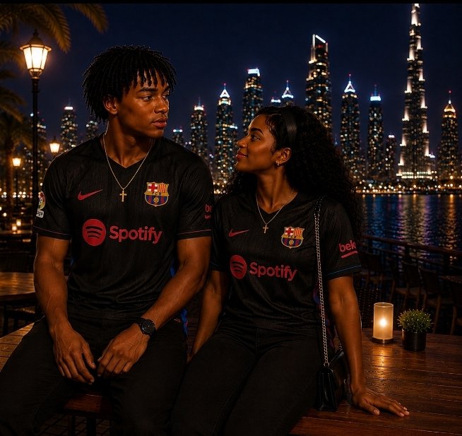 A young couple wearing matching black FC Barcelona x Spotify jerseys sitting together with the Dubai skyline at night in the background.
