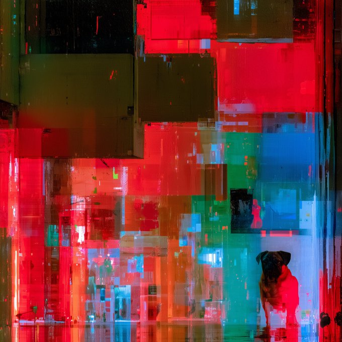 An abstract, colorful digital painting composed of red, blue, green, and yellow rectangular blocks features a small black pug-like dog in the lower right.