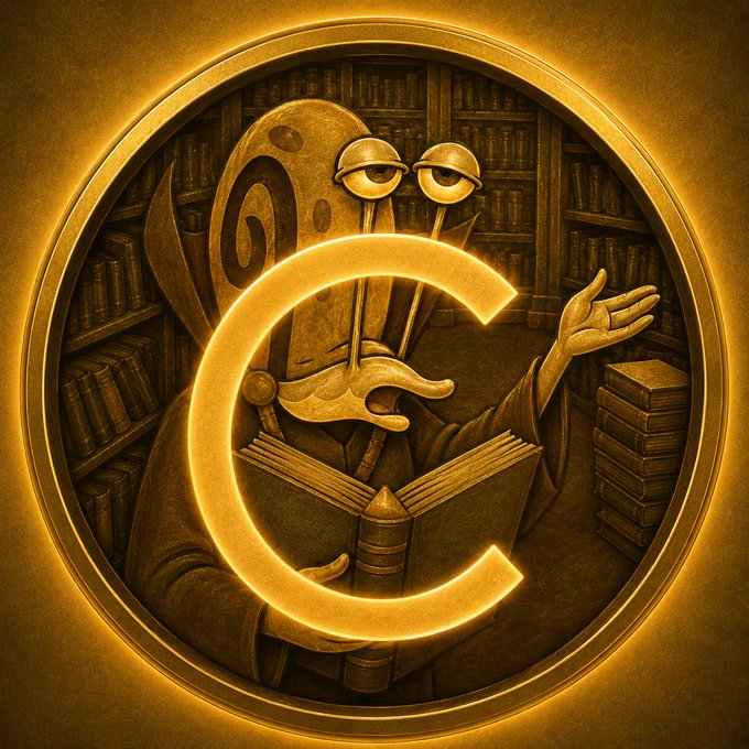 A stylized illustration depicts a scholar or book-like figure wearing glasses, holding an open book, with a glowing orange letter 'C' prominently displayed in the foreground against a sepia-toned library background.
