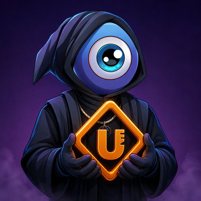 A hooded cartoon figure with a single large eye holds a glowing orange diamond-shaped emblem featuring the letter "U," symbolizing the official KOL partnership with Utopia Web3 (UtopiaWeb3AG) mentioned in the post, which invites followers to comment for server access.