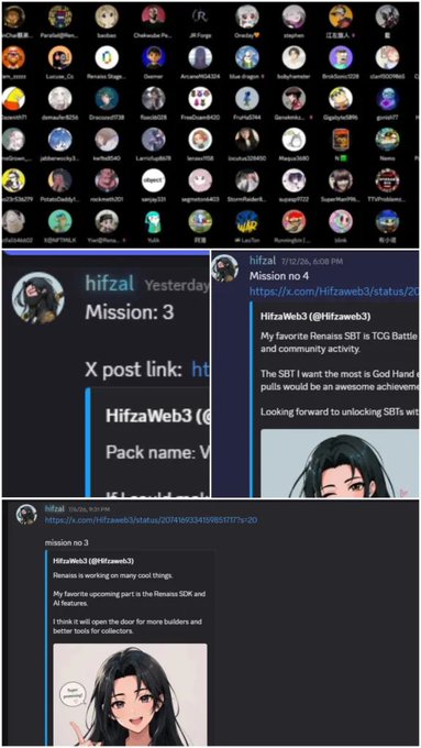 A Discord interface showing a member list at the top and messages from user 'hifzal' about 'Mission no 4' and 'Mission: 3' related to 'HifzaWeb3', with anime-style character images attached.