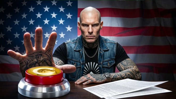 A bald, heavily tattooed man in a denim vest slams his palm down on a large red button in front of an American flag backdrop, while a document sits on the table beside him—visually capturing the post's warning about making "questionable decisions with conviction" and impulsively pulling the trigger on trades before the charts shake you out.