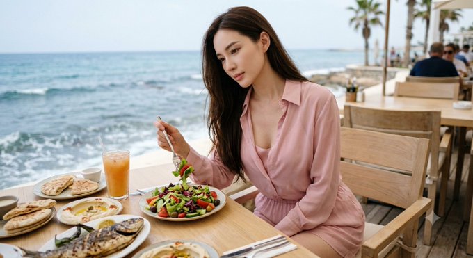 Photo of a young woman with long dark hair eating a salad at a seaside restaurant, wearing a pink dress with various dishes on the table.