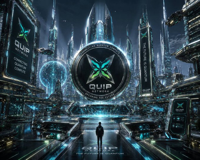 A futuristic cityscape promotional graphic for 'QUIP NETWORK' featuring the tagline 'THE FUTURE IS QUANTUM' and 'CONNECTING QUANTUM COMPUTE'.