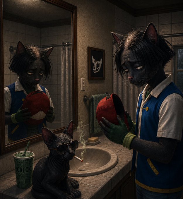 A humanoid cat with a green glove holds a red cap in a bathroom mirror reflection, while a small cat wearing sunglasses smokes a cigarette beside a sink and a cup labeled "CREAK." The eerie, surreal illustration humorously visualizes disheveled NFT holders looking at themselves, mirroring the "rug pull" exhaustion suggested by the 2026 post.