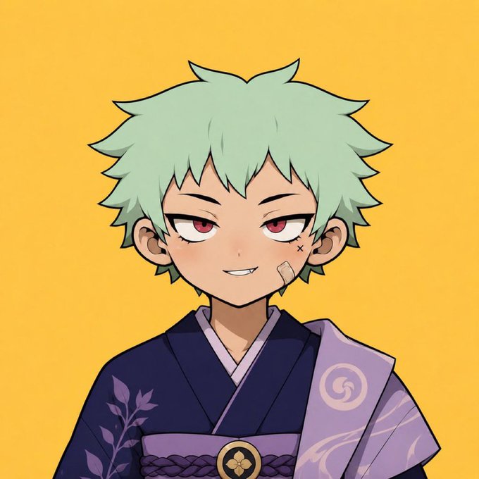 An anime-style portrait of a character with spiky mint-green hair, red eyes, a smirk, a small bandage on their cheek, and a dark kimono with purple accents against a yellow background.