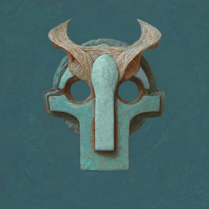 A digital 3D sculpture of a cross-shaped mask with horn-like protrusions, featuring a weathered turquoise oxidized surface with copper-colored accents against a textured blue background.