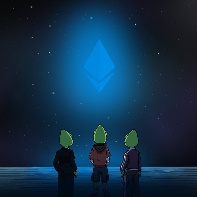 Three animated frog-like characters in hoodies stand at night gazing up at a glowing blue Ethereum logo surrounded by stars.