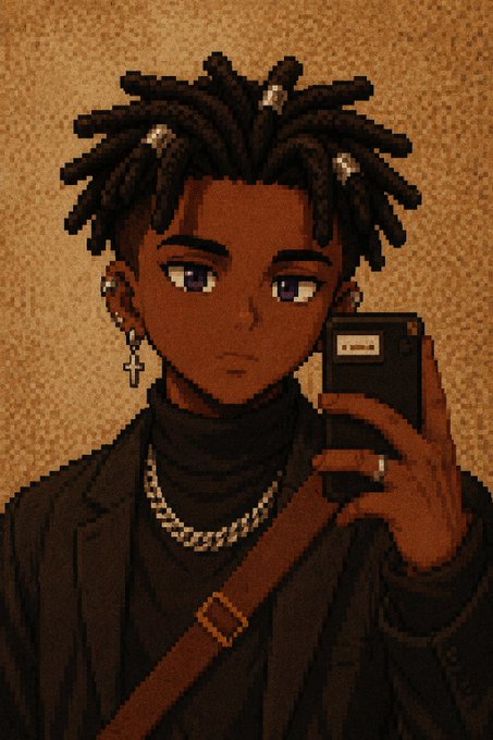 A pixel art portrait of a young man with dreadlocks, a cross earring, and a gold chain, holding a smartphone up to take a mirror selfie against a brown background.