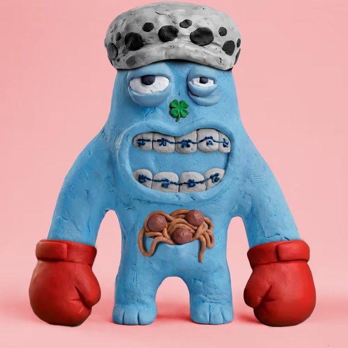 A blue claymation-style monster with a spotted shower cap, braces, red boxing gloves, and a small green four-leaf clover on its nose stands against a pink background. The quirky, handmade figure embodies the playful, cartoonish vibe of the post's references to "t00nz" and "goblin town," capturing the fun, irreverent spirit of crypto's NFT community slang.