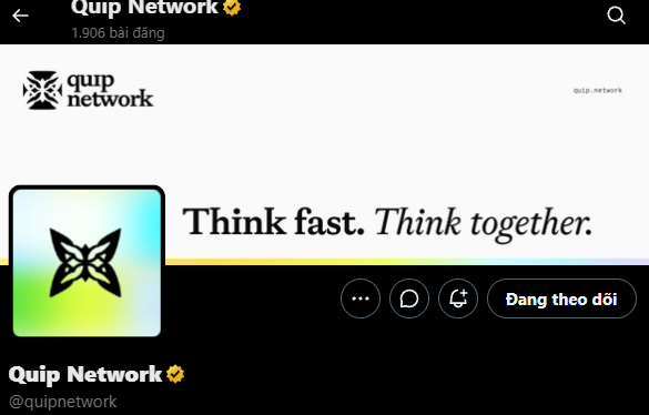 The image shows the X (Twitter) profile page for **Quip Network** (@quipnetwork), which has **1,906 bài đăng** (posts in Vietnamese), a bio tagline reading **"Think fast. Think *together*,"** and a "Đang theo dõi" (Following) button. 

The image aligns with the post's theme, visually reinforcing the author's endorsement of Quip Network as a project building foundational infrastructure ("the rails") for the crypto space rather than relying on hype.