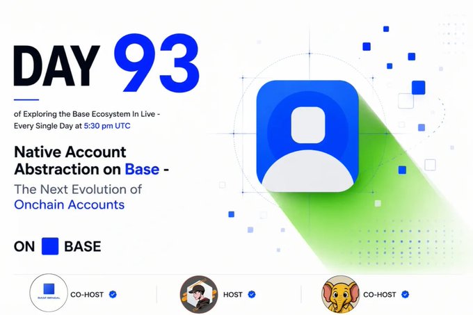 Promotional graphic for Day 93 of 'Exploring the Base Ecosystem' featuring 'Native Account Abstraction on Base - The Next Evolution of Onchain Accounts' with host and co-hosts listed.