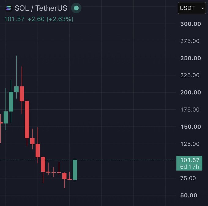 A candlestick chart of SOL/TetherUS shows the cryptocurrency dropping from highs above $250 to around $75–$100, with the latest green candle marking a reversal near $101.57 (+2.63%), aligning with the post's claim that the prolonged downtrend may have ended and longs are now favored.