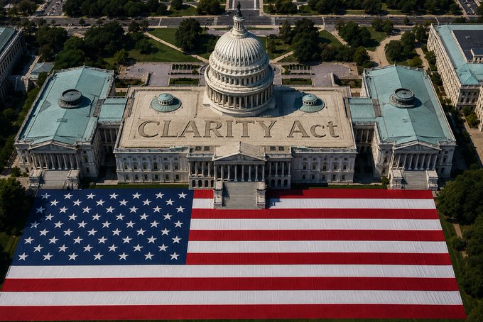 An aerial view of the U.S. Capitol building with 'CLARITY Act' written on its roof and a large American flag draped across the foreground.