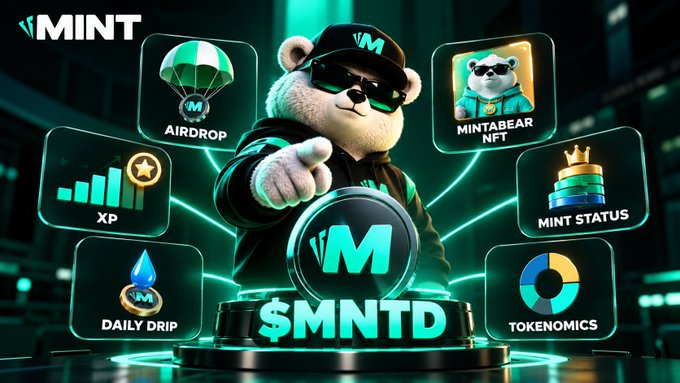 A promotional image for the $MNTD token features a bear character in sunglasses surrounded by features like 'AIRDROP,' 'XP,' 'MINTABEAR NFT,' 'MINT STATUS,' 'DAILY DRIP,' and 'TOKENOMICS'.