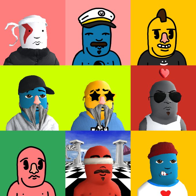 A 3x3 grid collage of various cartoon character avatars with different colored skin, outfits, and backgrounds including pink, yellow, green, and red.