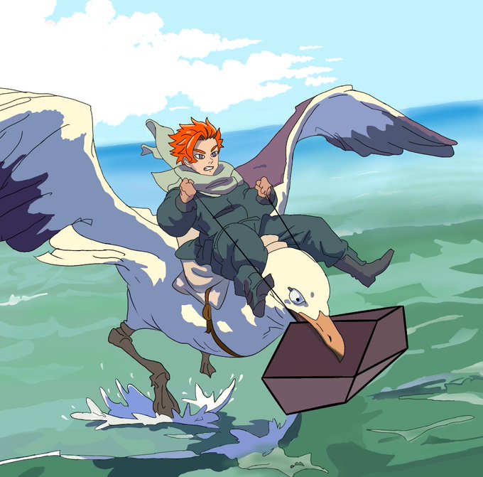 An anime-style illustration of an orange-haired character riding a large white and gray bird-like creature over the ocean, with the bird carrying a dark cube in its beak.