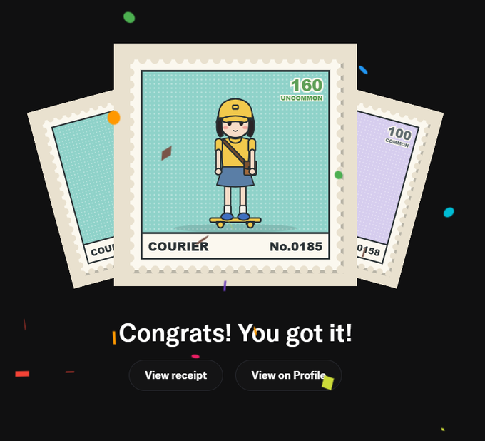 A digital illustration showing three trading card-style stamps on a dark background, with the center 'UNCOMMON' card featuring a 'COURIER' character on a skateboard, accompanied by the message 'Congrats! You got it!' and buttons to 'View receipt' and 'View on Profile'.
