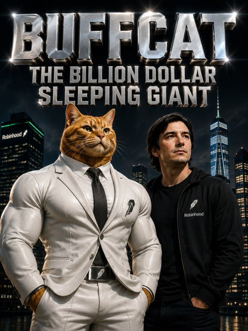 A parody movie poster titled 'BUFFCAT THE BILLION DOLLAR SLEEPING GIANT' featuring a muscular orange tabby cat in a white suit next to Vlad Tenev (Robinhood CEO), with a Robinhood logo visible on a building in the background cityscape.