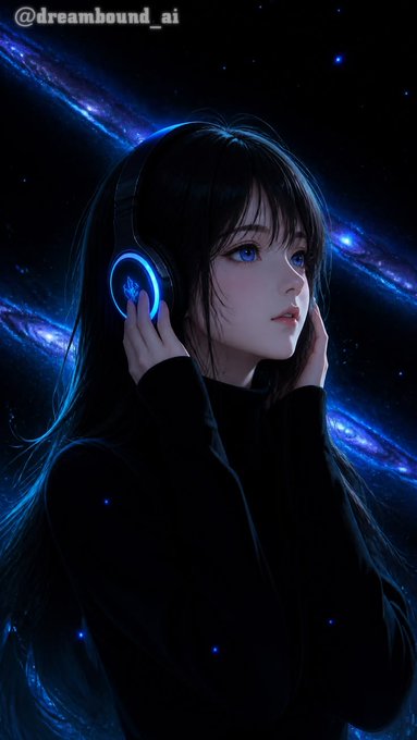 An anime-style digital artwork by @dreambound_ai depicting a girl with long dark hair wearing glowing blue headphones against a cosmic galaxy background.