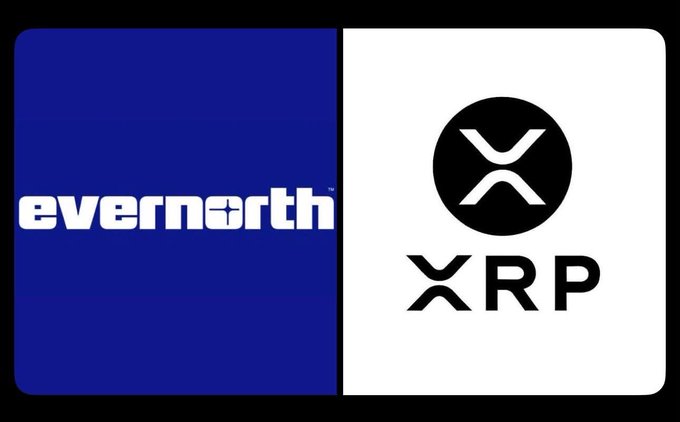 Side-by-side logos showing Evernorth on a blue background and XRP on a white background.